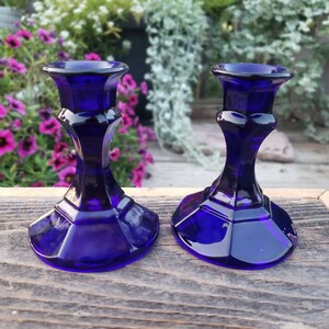 Set of Two Royal Blue Glass Candlesticks, 4.25 Inch Tall, Table Home Decor, For Use with Candlesticks or Votive Cups