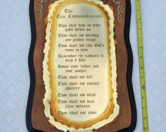 Ten Commandments Bible Wood Brass Plaque, God Religious Home Interiors Wall Decor Hanging Vintage HOMCO
