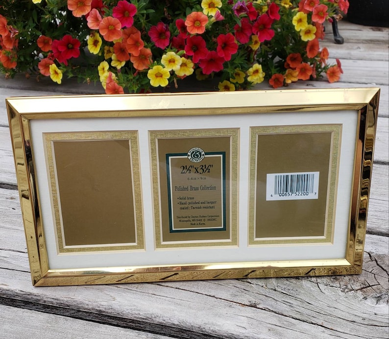 Wallet Size Triple Picture Frame 2 x 3 with Matting 1993 Dayton Hudson Home Decor Photo Framing Gold Tone