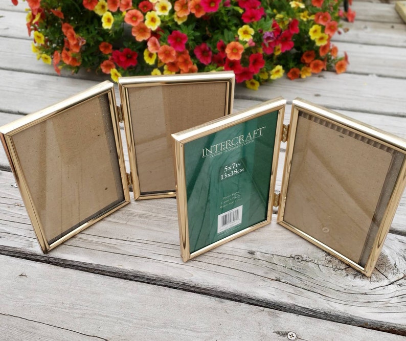 Gold Tone Double Picture Frames Intercraft Hinged Frame with Glass Set of 2 Fits 5x7 Photographs Home Decor Framing