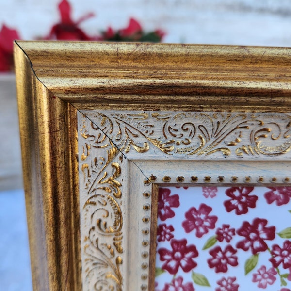 Ornate Wooden Picture Frame, Gold Vintage For 5 x 7 Inch Portraits Photographs, Easel Back or Wall Mount