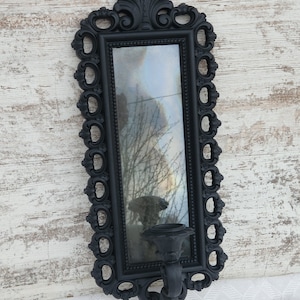 One Mirrored Sconce with Votive Cup of Your Choice, Chalk Painted Black Decor Candle Holder Ornate Home Interiors, HOMCO Dart 1972