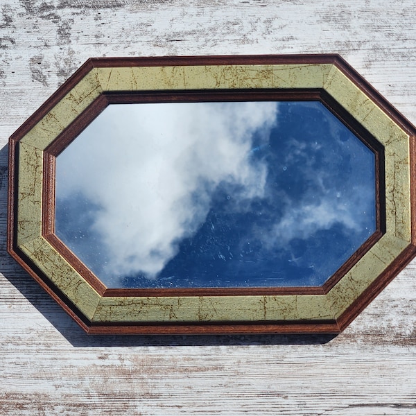 One Wooden Wall Mirror Brown Octagon, Picture Accents, Home Decor Gold Marbled Look, Vintage Home Interiors HOMCO