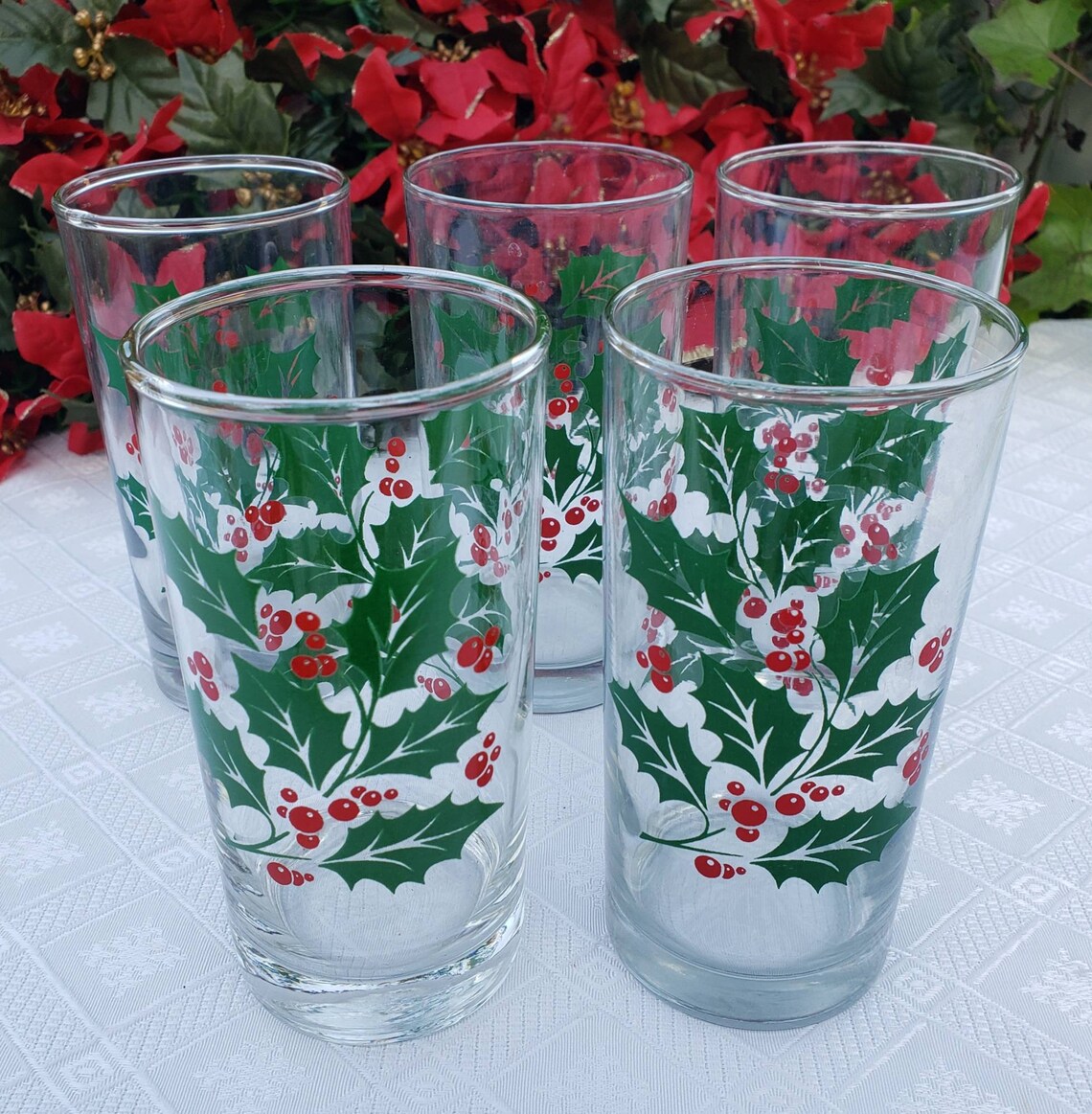 Set of 5 Christmas Drinking Glasses Holly & Berries Bartlett Etsy