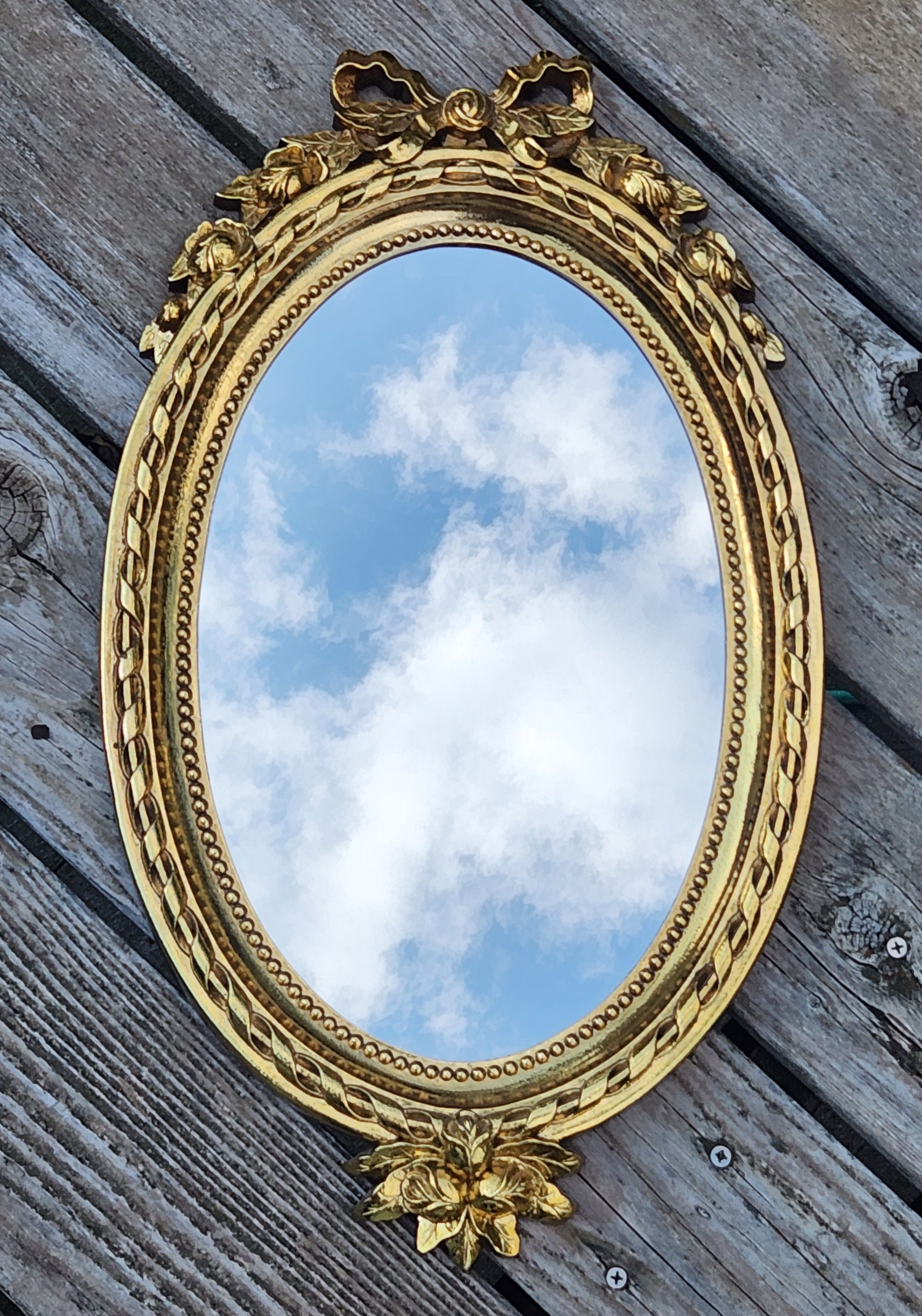 Vintage Gold Oval Wall Mirror Ornate Resin Plastic Frame, Molded Resin Bow  Mirror, Hollywood Regency Vintage 12.5\, image size:2015x2876