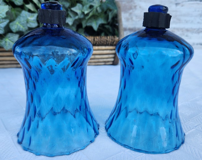 Blue Blown Glass Votive Cups Tall for Sconces, Set of 2, Vintage Home Interiors Candle Holders