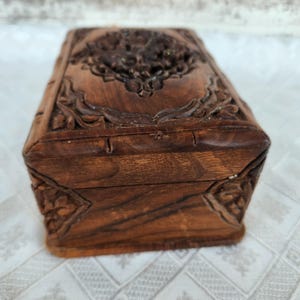 Hand Carved Wooden Box: Vintage Indian Jewelry Trinket Container with Hidden Lock