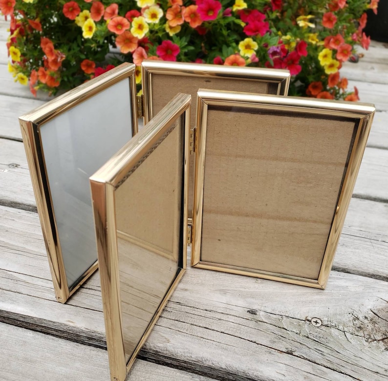 Gold Tone Double Picture Frames Intercraft Hinged Frame with Glass Set of 2 Fits 5x7 Photographs Home Decor Framing