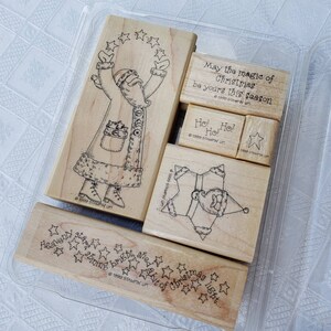 Sellos navideños Stampin Up 1999 SANTA STAR, goma montada en madera, juego de 7, frases de árbol, Feliz Navidad, alegría, estampado a mano