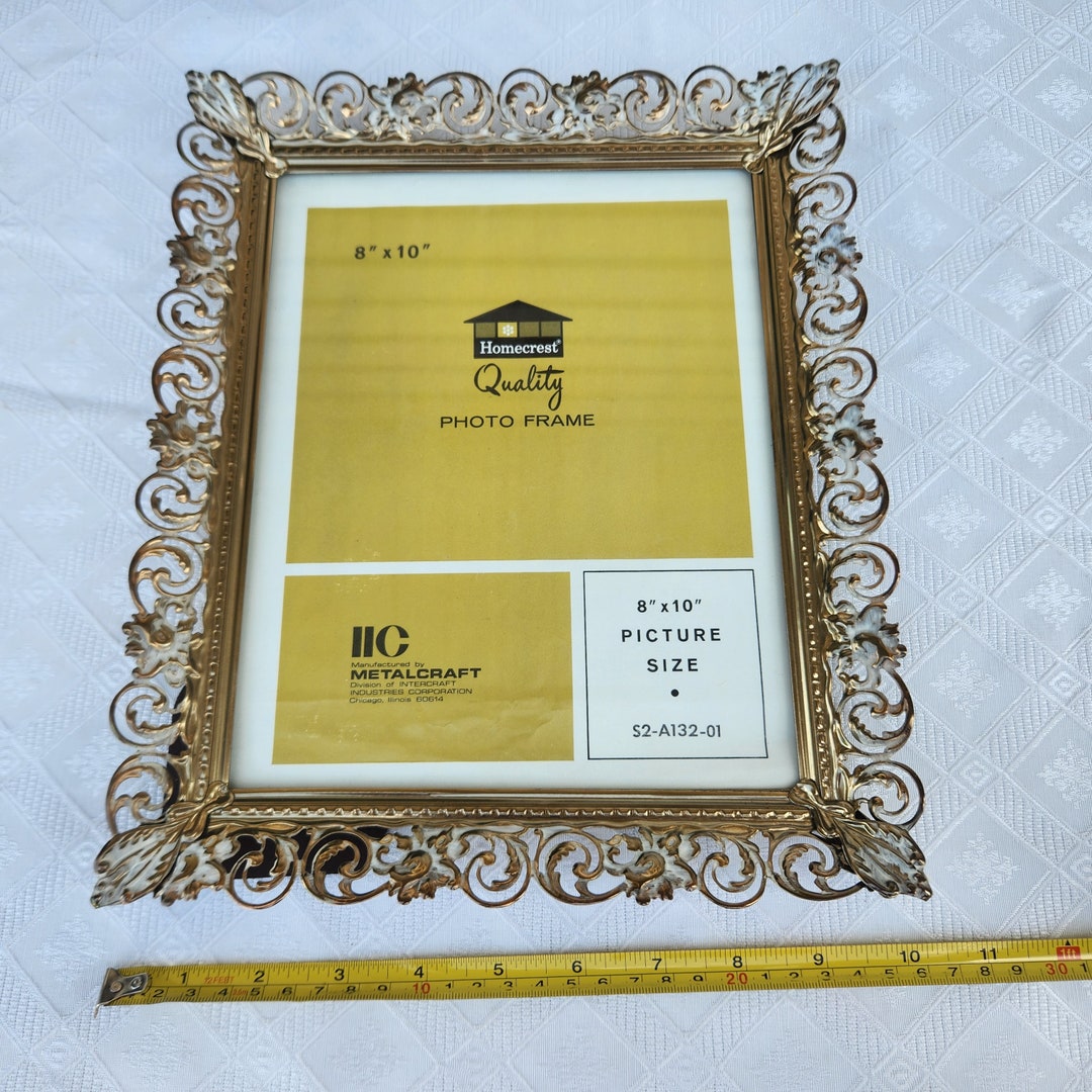 Beautiful Ornate Filigree Picture Frame, Gold Tone and White With Glass
