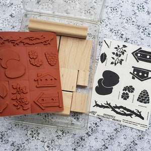 Stampin Up Branch, estampage en deux étapes définitivement décoratif non coupé, caoutchouc monté sur bois, 1997, cabane à oiseaux, pommes, ruche, fleurs