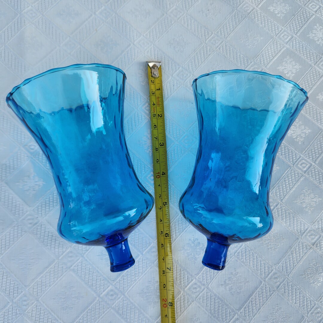 Blue Optic Blown Glass Votive Cups Tall for Sconces, Set of 2, Vintage