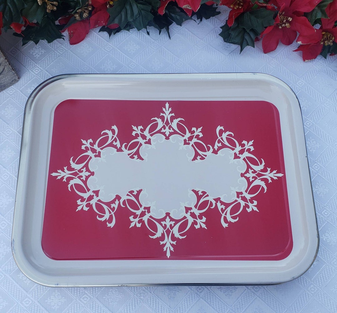 Filligree Metal TV Trays, Set of 2, Red Ivory With Gold Trim and Design, Lap Serving Dining