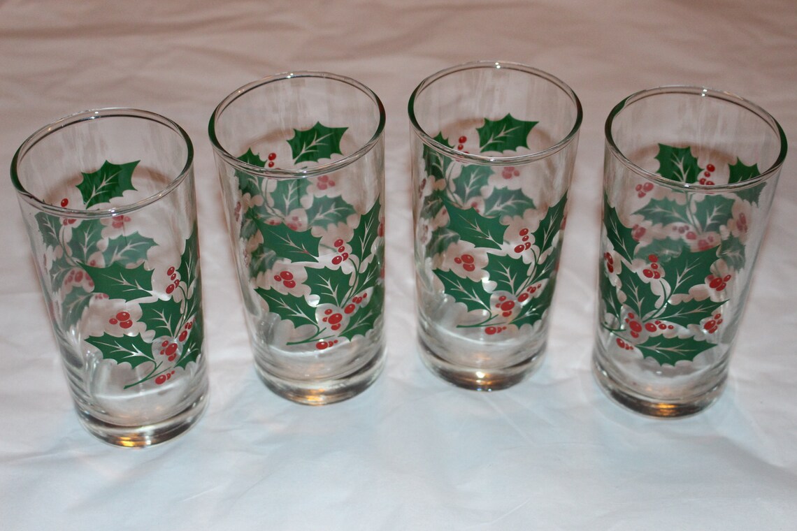 Set of 5 Christmas Drinking Glasses Holly & Berries Bartlett Etsy