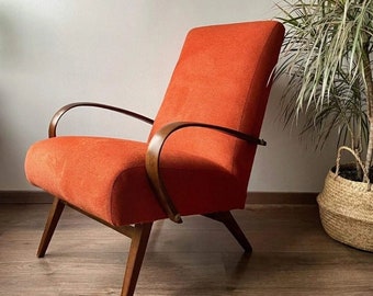 Orange Linen Fabric Czechoslovakian Art Deco Armchair by Jitona