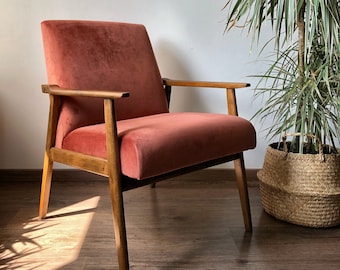 Mid Century danish style coral pink velvet armchair 1960