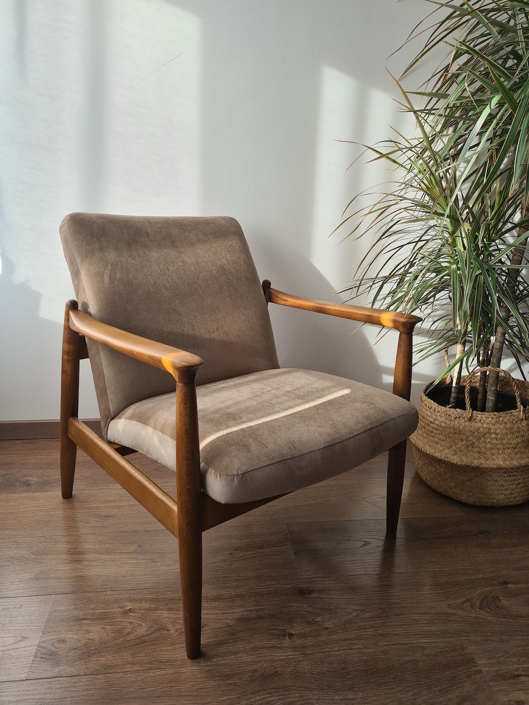 Mid Century Beige Velvet Armchair 1960s UK
