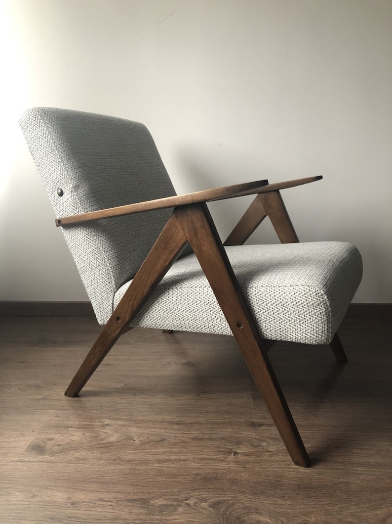 Mid Century Grey Herringbone Armchair B310 Var 1970s Etsy UK