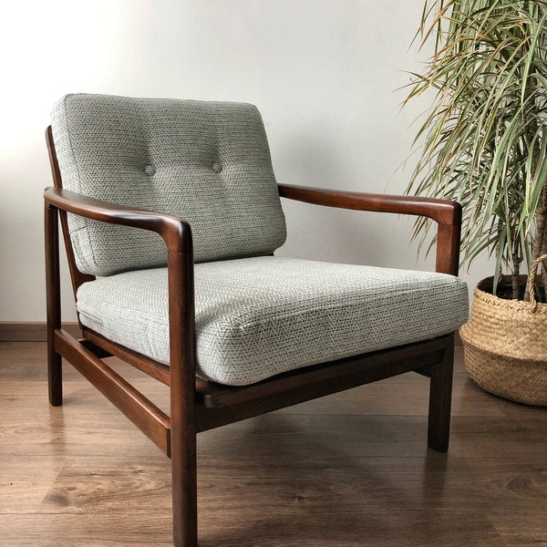 Fauteuil Mid Century en tissu à chevrons gris par Z.Baczyk 1970