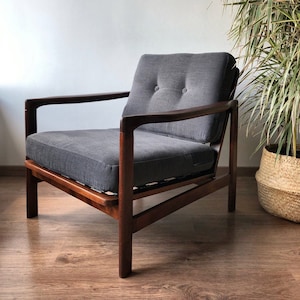 Fauteuil de style danois des années 60-70, vintage, milieu du siècle en tissu recyclé par Zenon Baczyk
