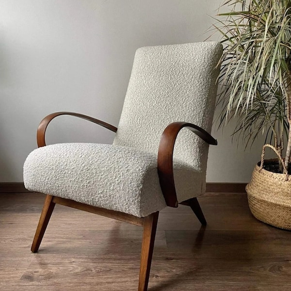 Fauteuil Art Déco Tchécoslovaque en Tissu Pearl Boucle par Jitona