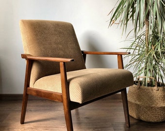 Mid Century Danish Style Armchair Honey Yellow Velvet Upholstery Restored Vintage