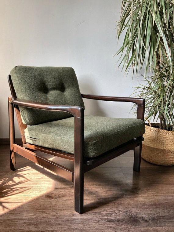 Vintage Mid Century Armchair by Z.baczyk 1970s Olive Green Durable