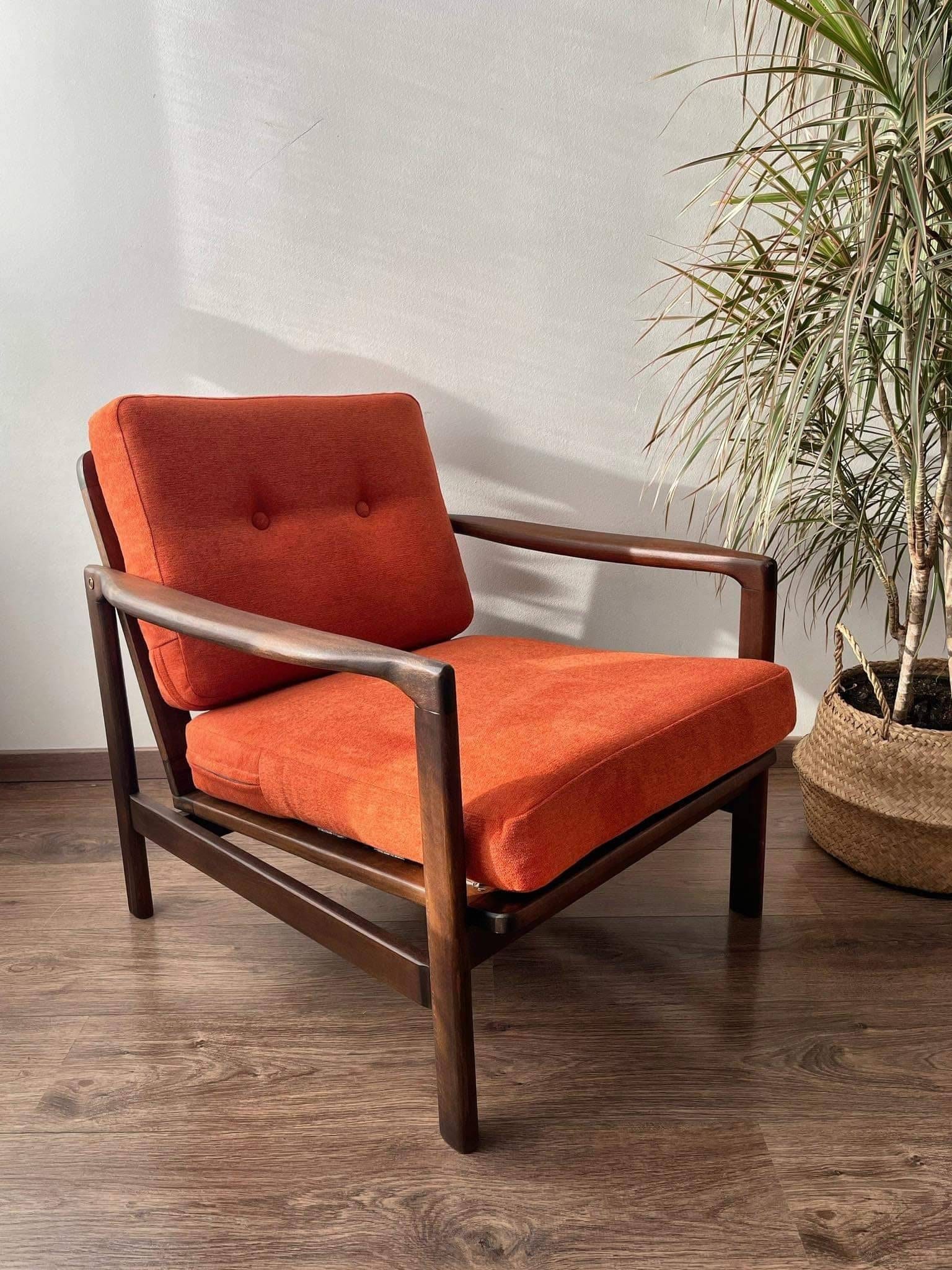 Vintage Mid Century Armchair by Z.baczyk 1970s Orange Soft Woven