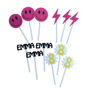 Pink Smiley Face Birthday Decor, Pink Smiley Cupcake Toppers, Custom Party Decor by PartyAtYourDoor on Etsy