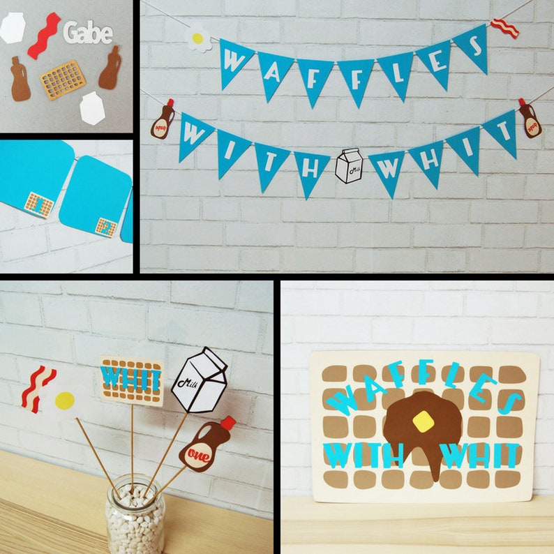 May include: A set of party decorations for a "Waffles with Whit" themed party. The decorations include a banner, a sign, and a set of toppers for a centerpiece. The banner is blue and white with the text "Waffles with Whit" on it. The sign is brown and white with the text "Waffles with Whit" on it. The toppers are various shapes and colors, including a waffle, a milk carton, a bottle of syrup, and a fried egg.