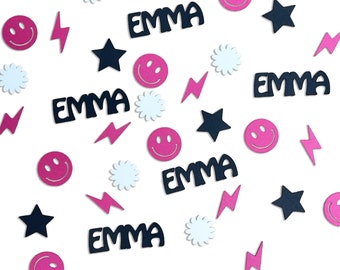 Könnte beinhalten: Rosa und schwarzer Konfetti mit dem Namen "Emma", der mehrmals wiederholt wird, sowie Smileys, Sterne, Blitze und Blumen.