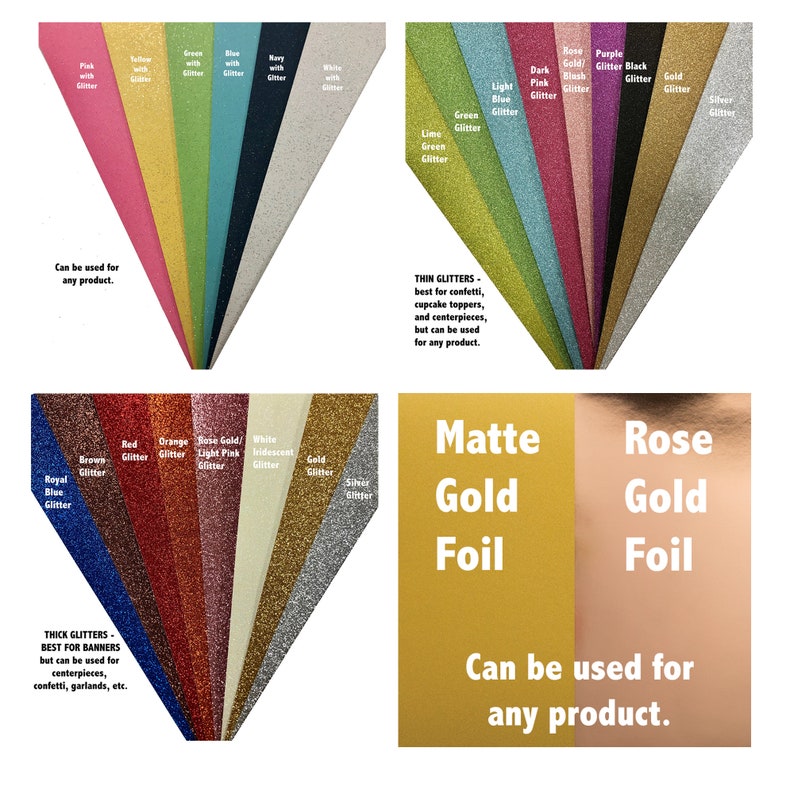 May include: A selection of glitter and foil colours for crafting. The colours include red, orange, rose gold, white, iridescent, gold, silver, pink, light blue, dark blue, green, lime green, purple, black, rose gold, and gold. The text "Can be used for any product." is displayed below the colours.