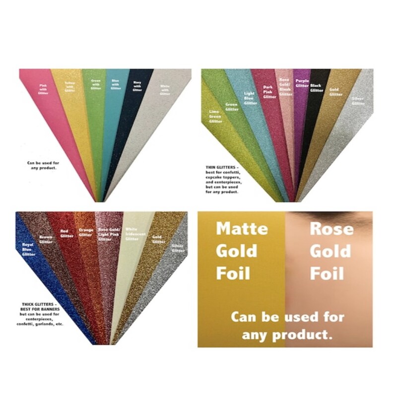 May include: Assortment of glitter and foil sheets in various colors, including pink, green, blue, red, gold, and silver. The text "Can be used for any product." is displayed below the sheets.