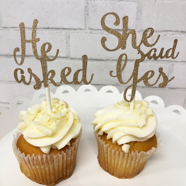 He Asked She Said Yes Cupcake Toppers, Engagement Cupcake Toppers, Engagement Party Decor, Custom Parties by PartyAtYourDoor on Etsy