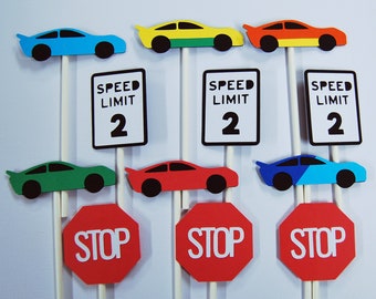 Race Car Cupcake Toppers, Race Car Birthday, Race Car Party Decor, Two Fast, Speed Limit Toppers, Custom Parties by PartyAtYourDoor on Etsy