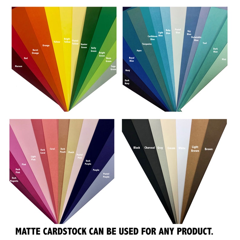 May include: A color chart of matte cardstock paper samples in a fan shape. The colors include red, orange, yellow, green, blue, purple, pink, brown, gray, black, and white.