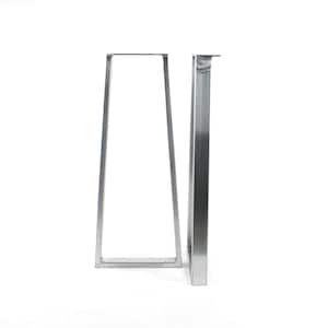 May include: Two silver metal table legs with a triangular shape. The legs are made of sturdy metal and have a polished finish.