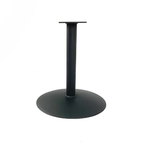 May include: A black metal table base with a round base and a central support column. The top of the support column has a square plate. The base is approximately 12 inches in diameter.