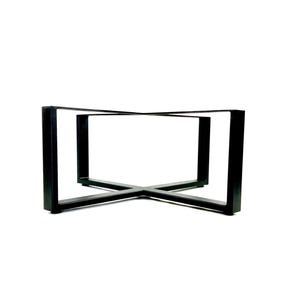May include: Black metal table base with a cross-shaped design. The base is made of square tubing and has a simple, modern style.