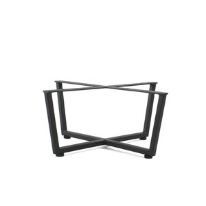 May include: Black metal table base with a cross-shaped design. The base is made of four legs that are connected at the top and bottom.