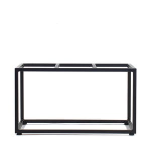 May include: Black metal table base with a rectangular top and four legs. The base has three horizontal supports.