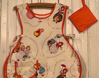 Toddler Girls Retro Style Apron, Front and Back Full Coverage for Play Cooking, Kitchen or Craft Projects. A Great Gift! Handmade in USA
