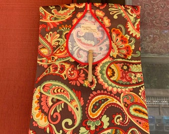 Colorful paisley clothespin bag with red bias trim. Stylish and charming, practical laundry organizer for clothespins & delicate garments.