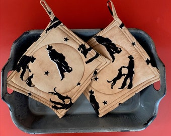 Potholders set of 2 cotton quilted Cowboy & His Dog  Print hot pads 3 layer insulation W/ hanging loop. Makes a Great Gift! Handmade in USA