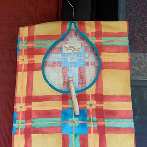 Clothes Pin Bag Vintage Style W/Removable Wooden Hanger in a Multicolor Bright Plaid Design. It Makes a Great Gift! Handmade at Home in USA