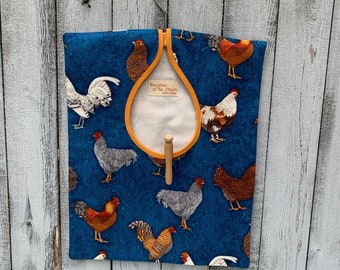 Clothes Pin Bag Vintage Style with Removable Wooden Hanger in Chicken Design Fabric. It Makes a Great Gift!  Handmade in USA.