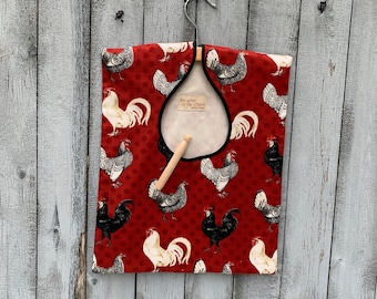Clothes Pin Bag Vintage Style with Removable Wooden Hanger in Chicken Design Fabric. It Makes a Great Gift!  Handmade in USA.