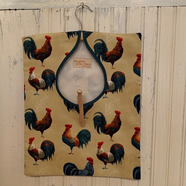 Clothes Pin Bag, Vintage Style with Removable Wooden Hanger in Chicken Design Fabric. It Makes a Great Gift!  Handmade in USA.