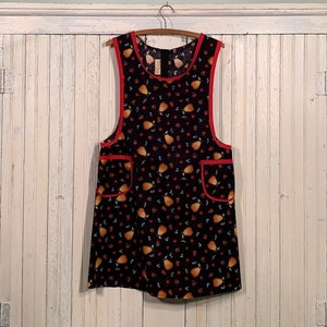 Retro Style Slip Over the Head Pear Print Cotton Apron For The Smaller Body, 2 Large Pockets, Bias Trimmed. A Useful Gift Handmade in USA
