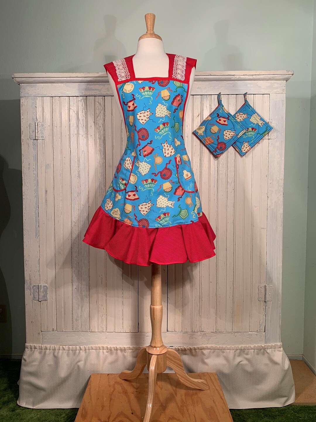 Womens Full Apron Flying Apron Print W/ruffle Vintage Lace Etsy